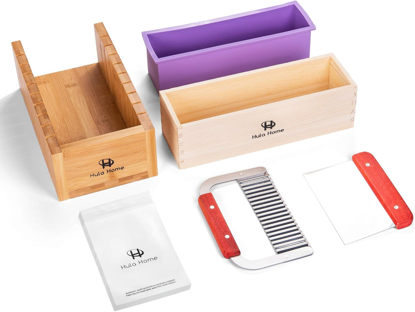 Hula Home Premium Soap Making Kit - 44oz Purple Silicone Mold with Wooden Box, Cutter, Measuring Tools and 100 Bags - Ideal for Adults, Melt and Pour or Cold Process Soap