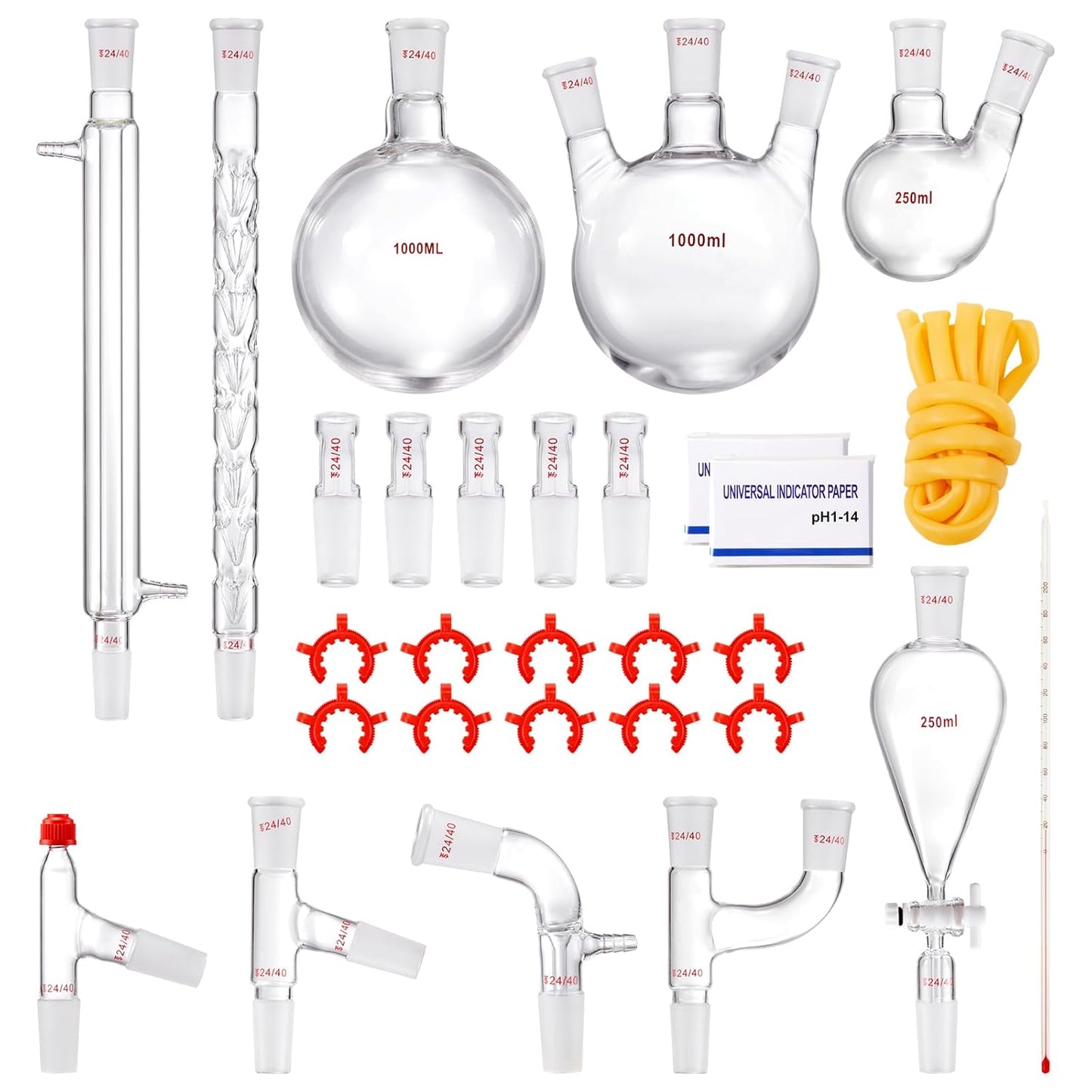 VEVOR New Laboratory Glassware 24/40 Chemistry Glassware 29PCS Chemistry Lab Glassware Kit 250 1000ml for Distillations Separation Purification Synthesis(24/40, 29PCS)