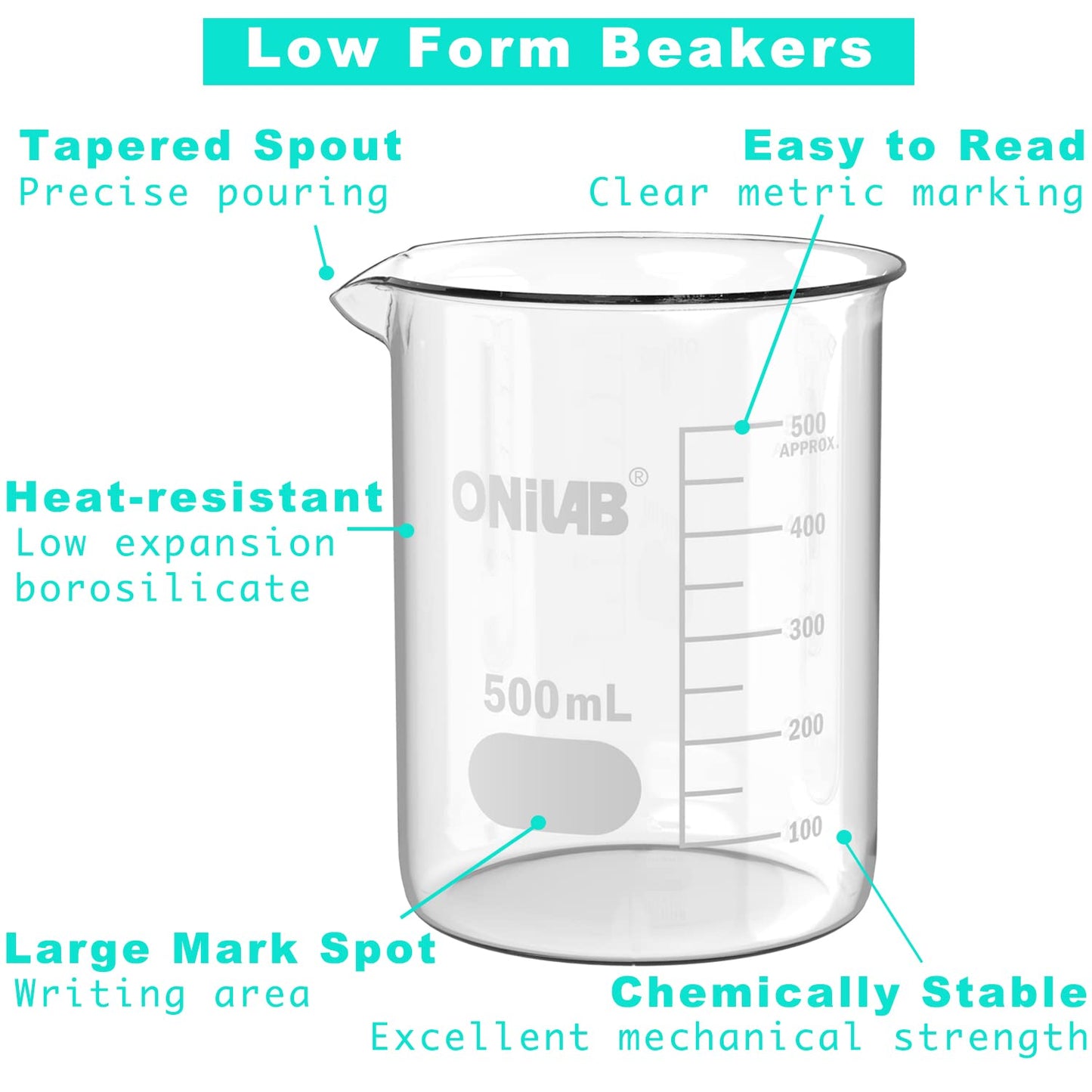 ONiLAB Glass Measuring Beaker Set 50ml 100ml 250ml 500ml 1000ml(Pack of 5) 3.3 Boro Griffin Low Form with Printed Graduation Scientific Glassware for Laboratories, Classrooms or Home Use