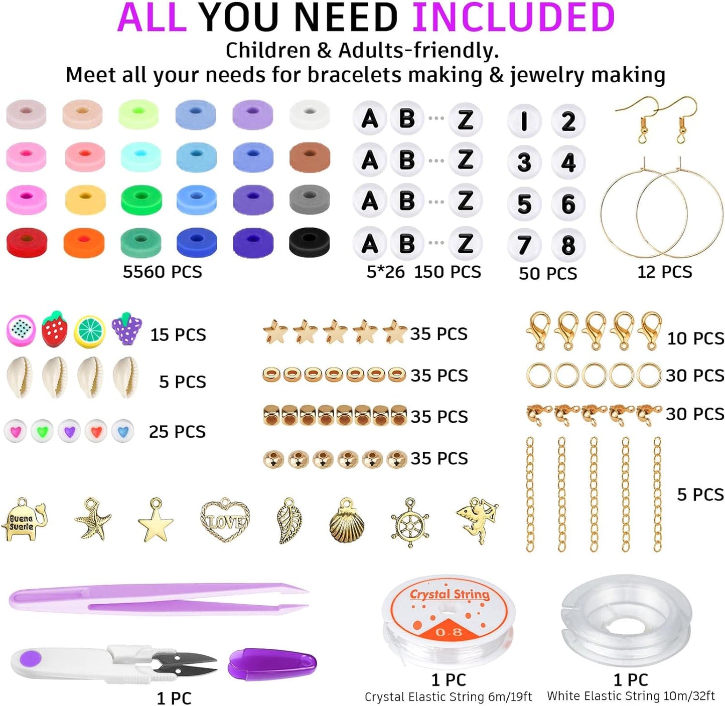 Gionlion 6000 Clay Beads Bracelet Making Kit, 24 Colors Flat Preppy Beads for Friendship Bracelets, Polymer Clay Bead with Charms for Jewelry Making, Crafts Gifts for Girls Ages 6-12
