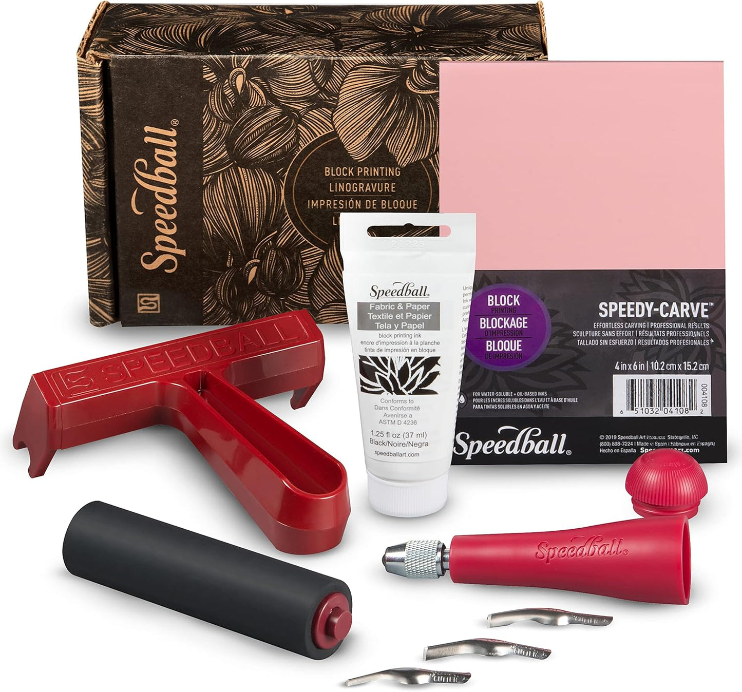 Speedball Block Printing Fabric Starter Kit, 7 Pieces – Includes Ink, Hard Brayer, Lino Handle and Cutters, Speedy-Carve Relief Carving Rubber