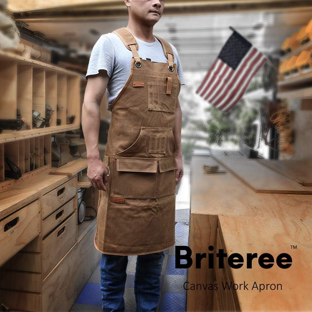 Woodworking Apron for Men, Gifts for Men Dad Father, with 9 Tool Pockets, Durable Waxed Canvas Work Apron for Woodworkers Carpenters Blacksmiths (Brown -Waxed Canvas Apron)