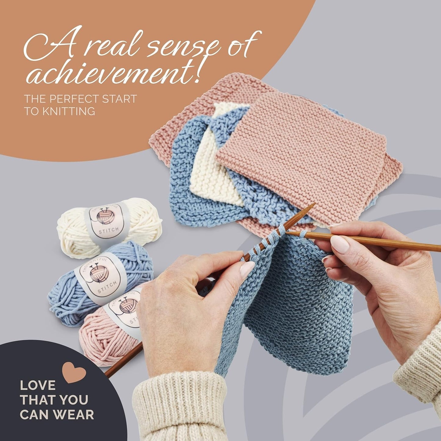 Thoughtful Stitch Knitting Kit for Beginners Adults & Kid Friendly- Complete Knitting Kit - Learn to Knit Yarn Set with Tutorial Book for Adult Hobbies - 100% Cotton Wool & Bamboo Knitting Needle