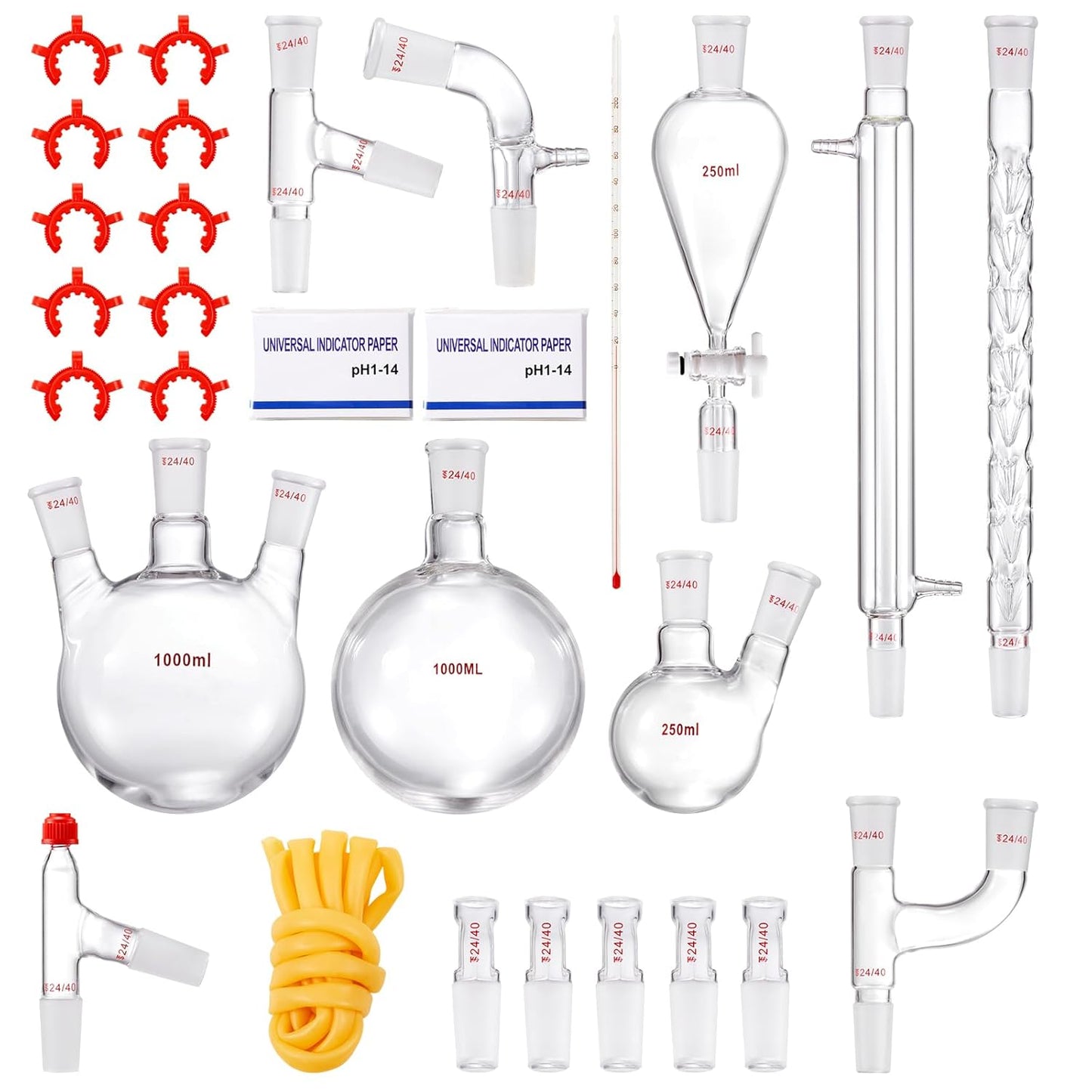 VEVOR New Laboratory Glassware 24/40 Chemistry Glassware 29PCS Chemistry Lab Glassware Kit 250 1000ml for Distillations Separation Purification Synthesis(24/40, 29PCS)