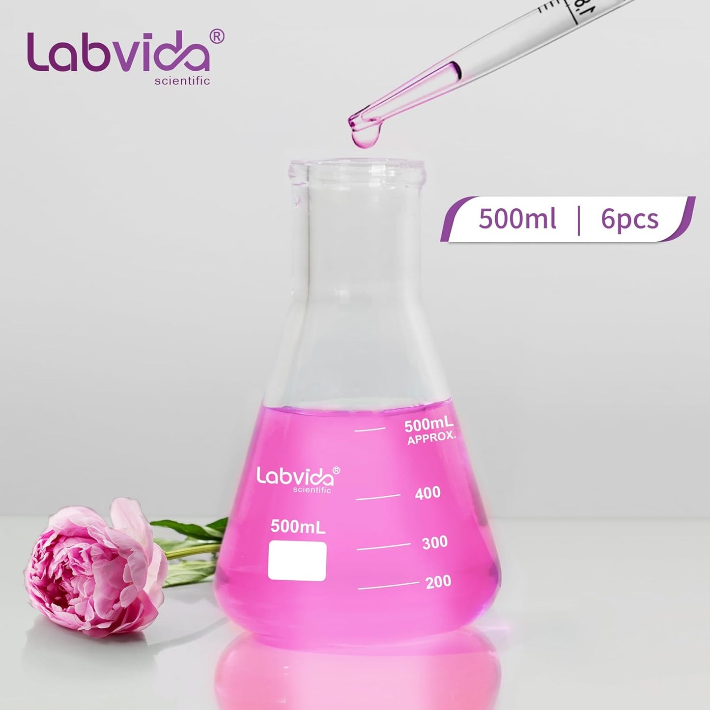LABVIDA 6pcs of Narrow Mouth Glass Erlenmeyer Flasks, Vol.500ml, 3.3 Borocilicate with Printed Graduation, LVC007