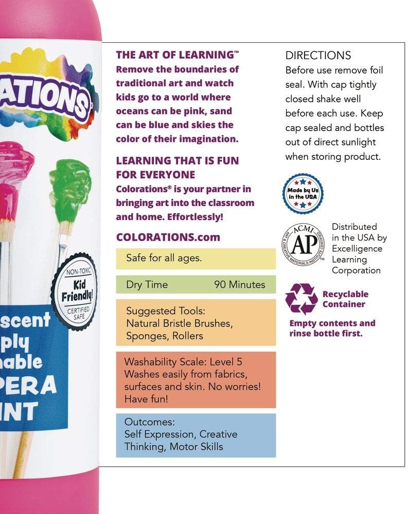 Colorations Washable Tempera Paint, Set of 6 Colors, Non Toxic Paint, Vibrant Paint, Tempera Kids Paint, Craft Paint Children, Kids paint, Art Supplies, Washable Paint Set,