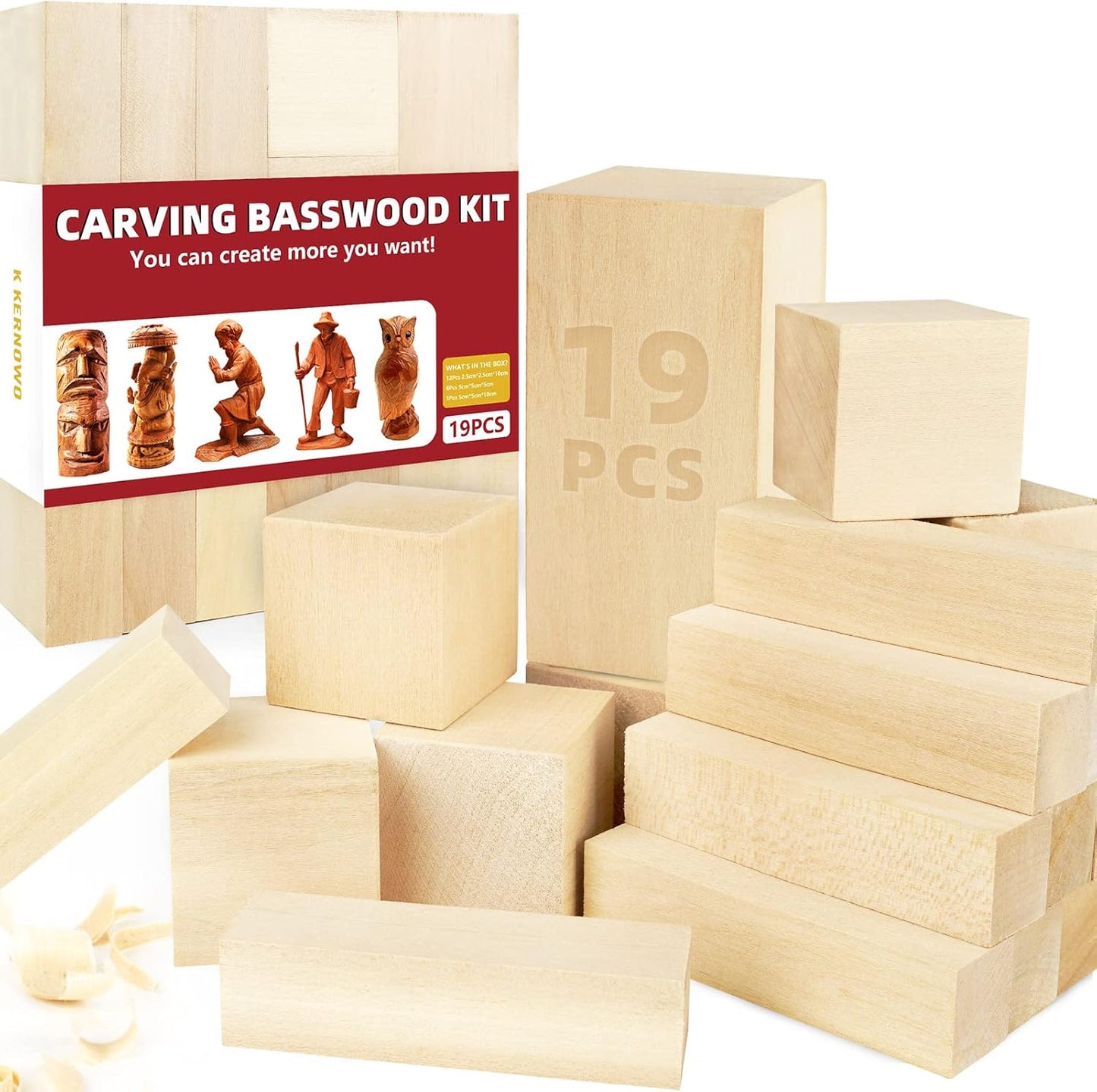 Basswood Carving Blocks, 19PCS Whittling Wood Blocks Kit with 3 Different Sizes, Bass Wood for Carving Easy to Use, for Kids and Adults