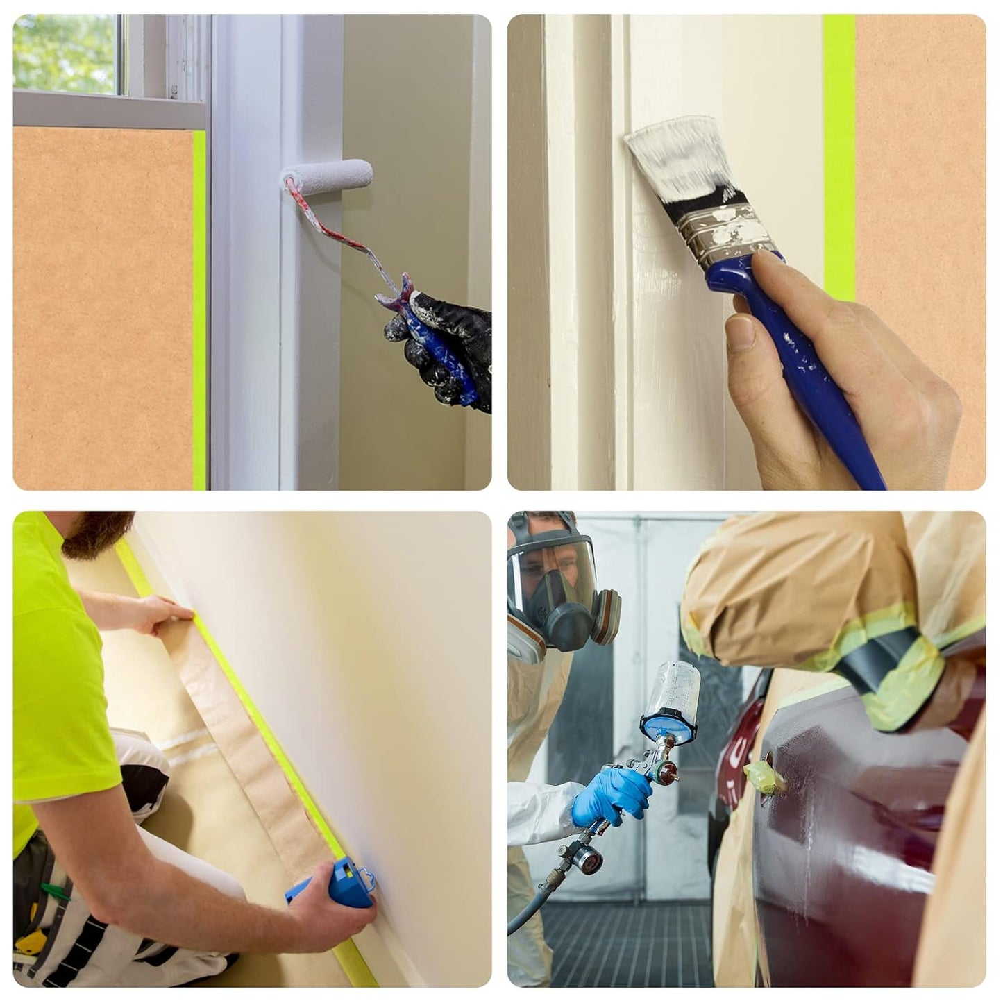 Pre-Taped Masking Paper for Painting - 12 inch x 50 feet Tape and Drape Painters Paper, Paint Adhesive Protective Paper Roll for Covering Skirting, Frames, Cars and Auto Body (4 Rolls)