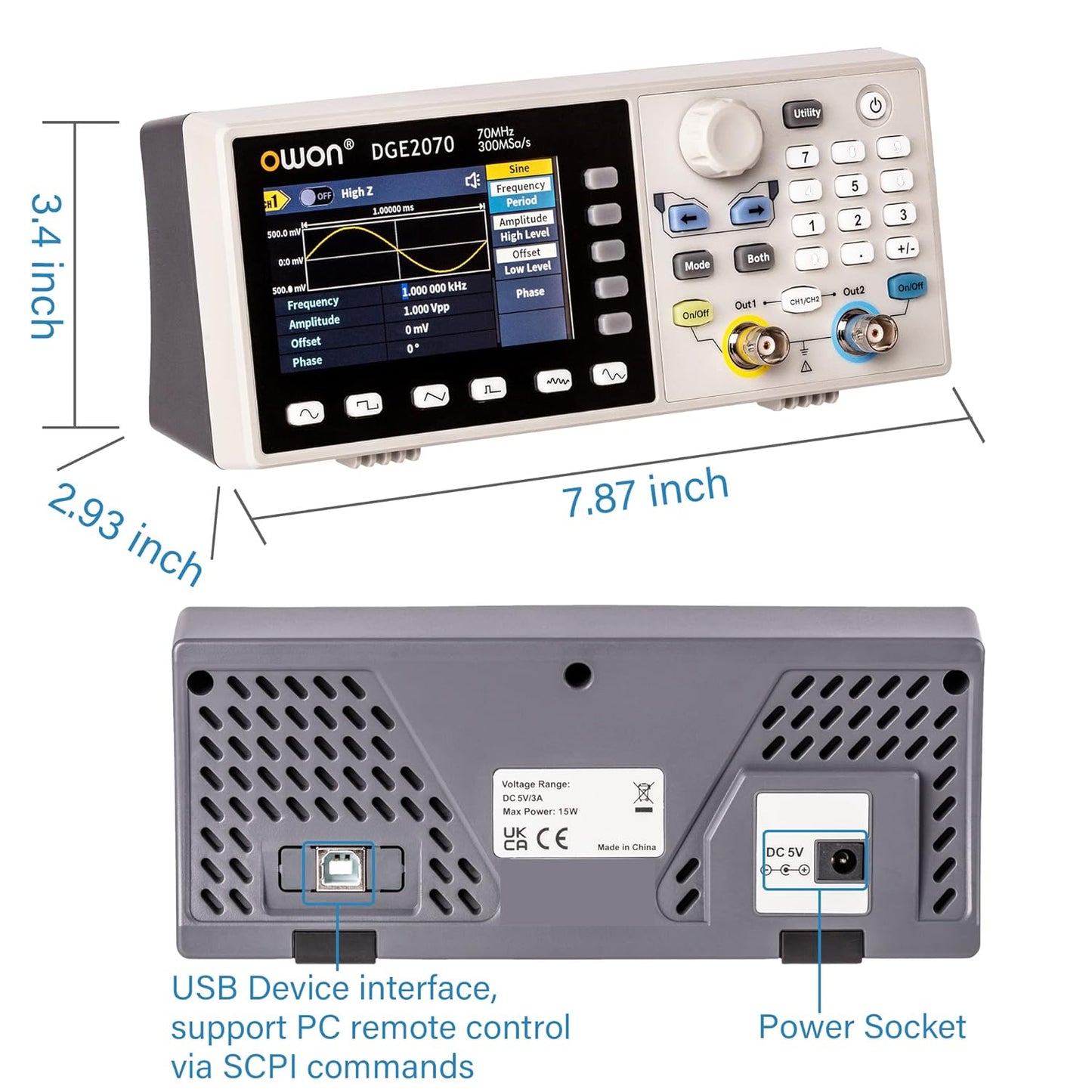 DGE2070 Arbitrary Waveform Generator Dual-Channel 70 MHz Generator 14 Bits Vertical Resolution with 3.6”LCD