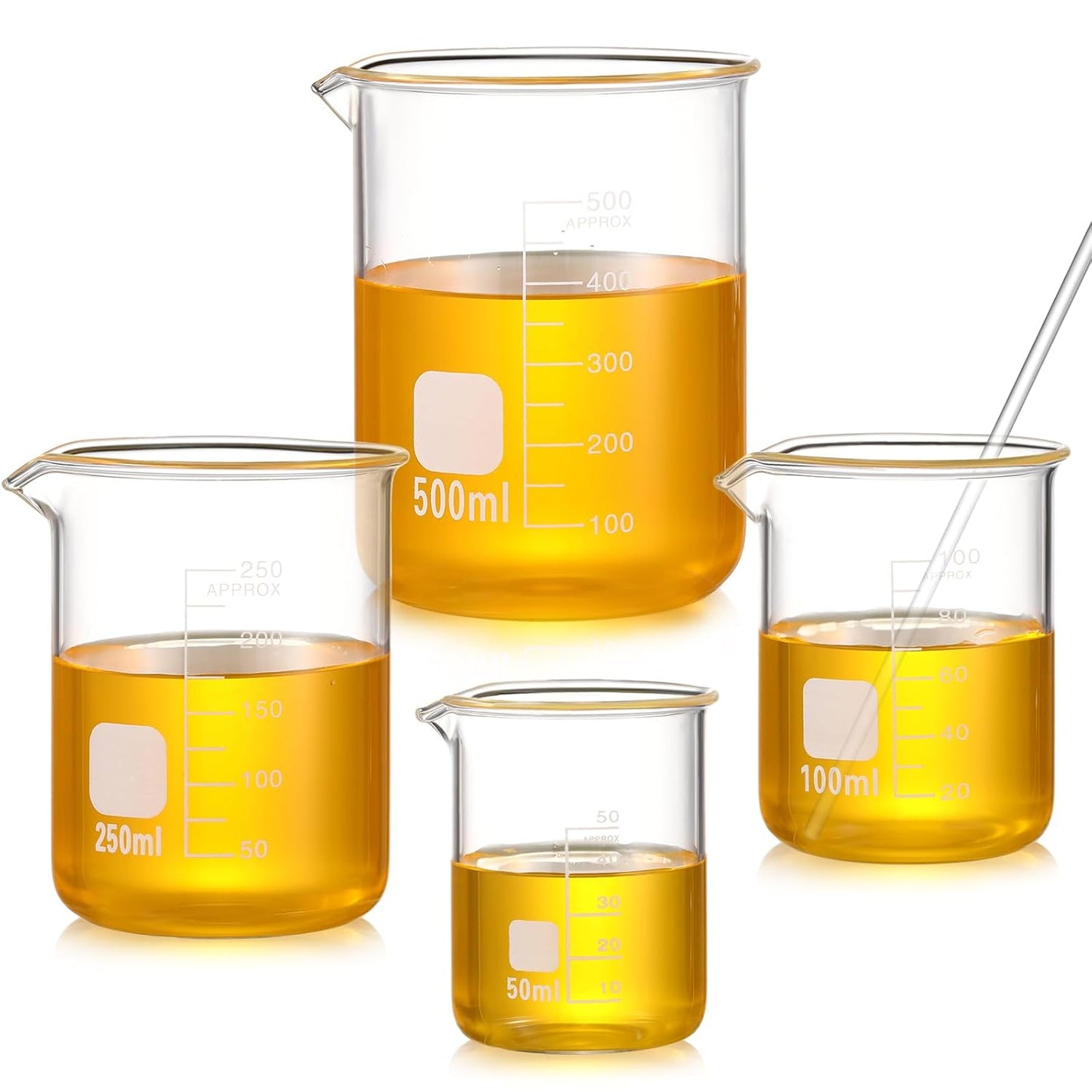 Jetec 5 Pieces Borosilicate Glass Lab Beaker with Stirring Rod, 4 Sizes of 50/100/250/500 ml Thick Glass Beakers for Science Lab Chemistry Supplies