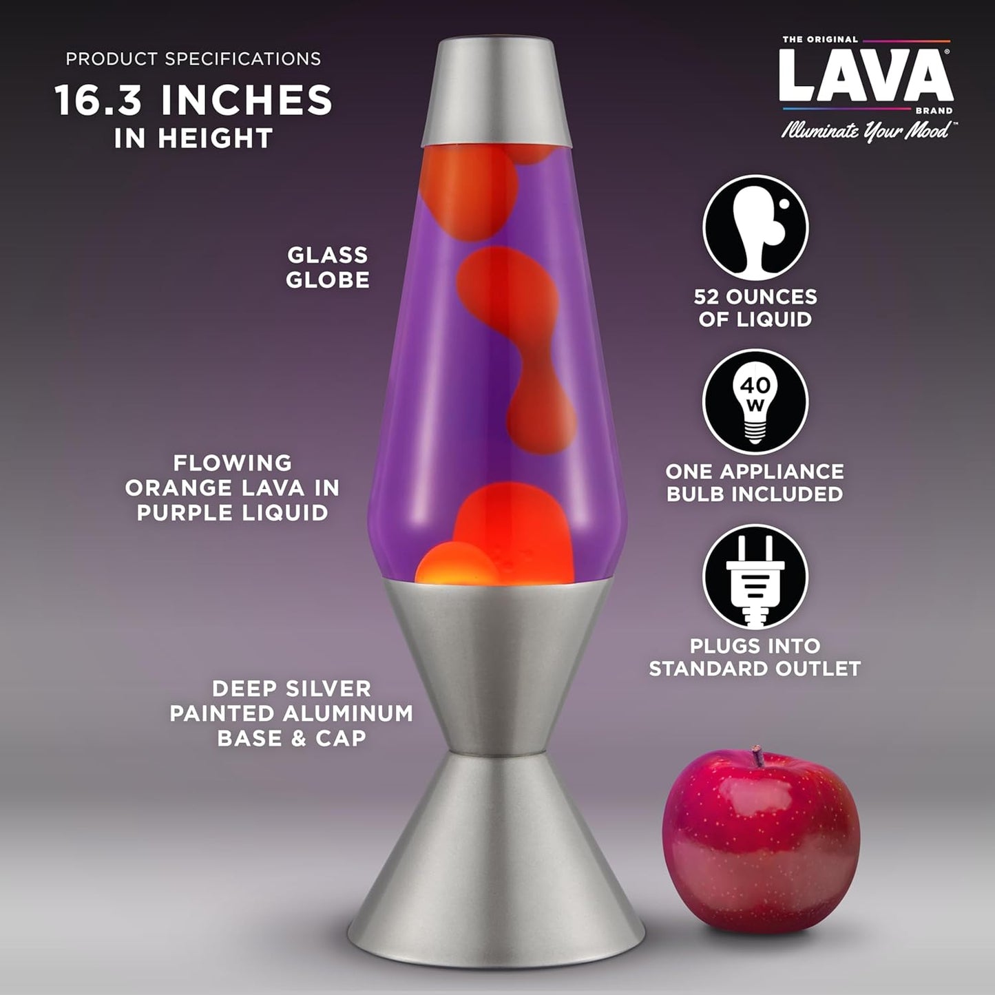 The Original LAVA® Lamp - Large 52oz 16.3" - Vivid Twilight - Classic Liquid Motion Lamp - Orange Lava and Purple Liquid