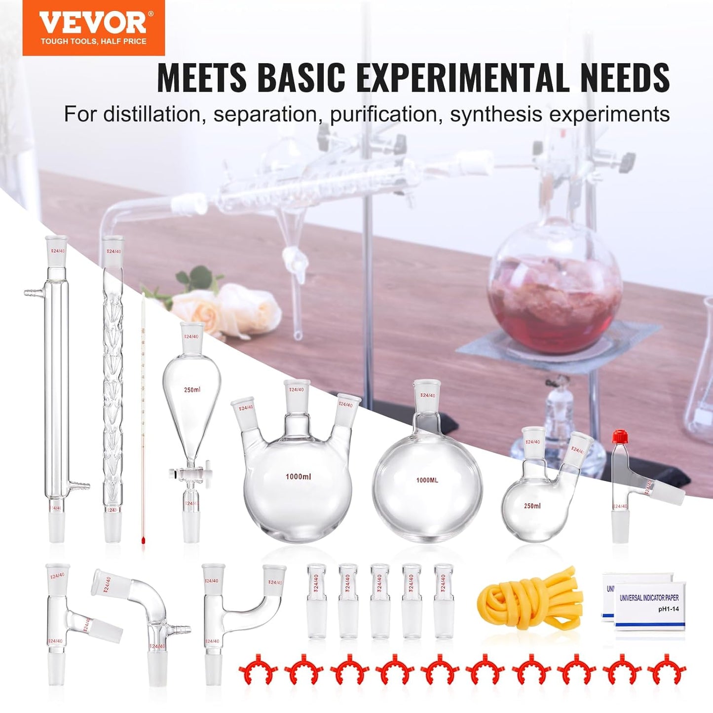 VEVOR New Laboratory Glassware 24/40 Chemistry Glassware 29PCS Chemistry Lab Glassware Kit 250 1000ml for Distillations Separation Purification Synthesis(24/40, 29PCS)