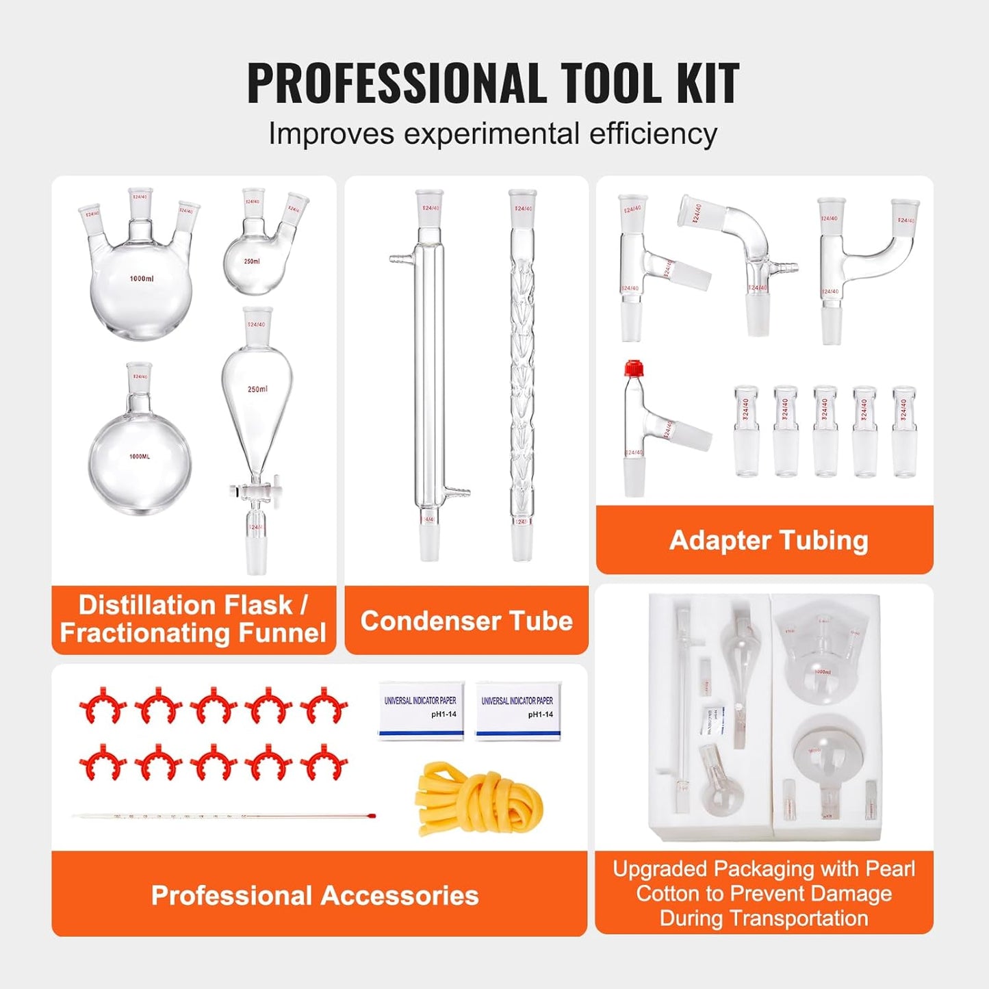 VEVOR New Laboratory Glassware 24/40 Chemistry Glassware 29PCS Chemistry Lab Glassware Kit 250 1000ml for Distillations Separation Purification Synthesis(24/40, 29PCS)