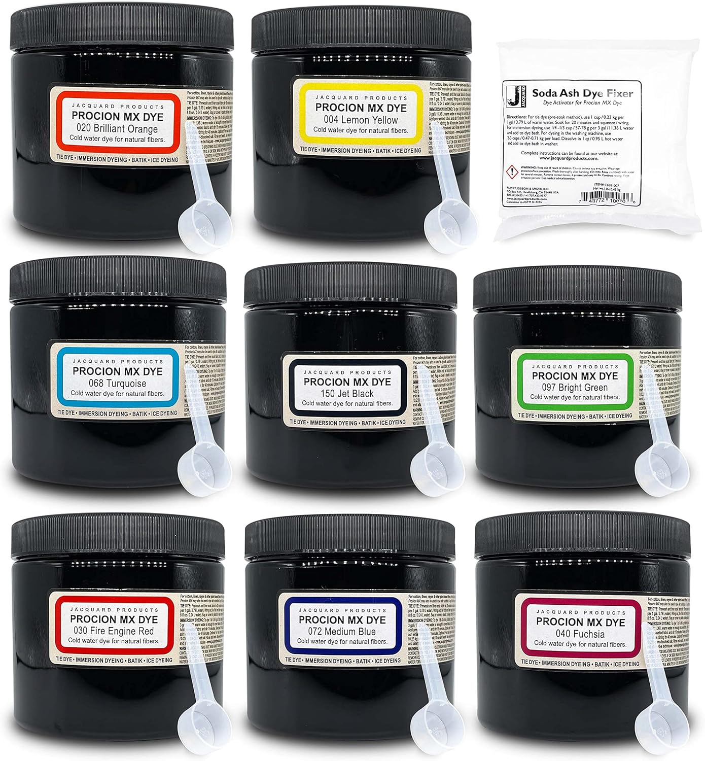 Jacquard Procion MX Dye Kit - USA Made - 8 Vibrant Colors, 8 oz Each - Fiber Reactive - Tie Dye Party Supplies - Bundled with Scoops