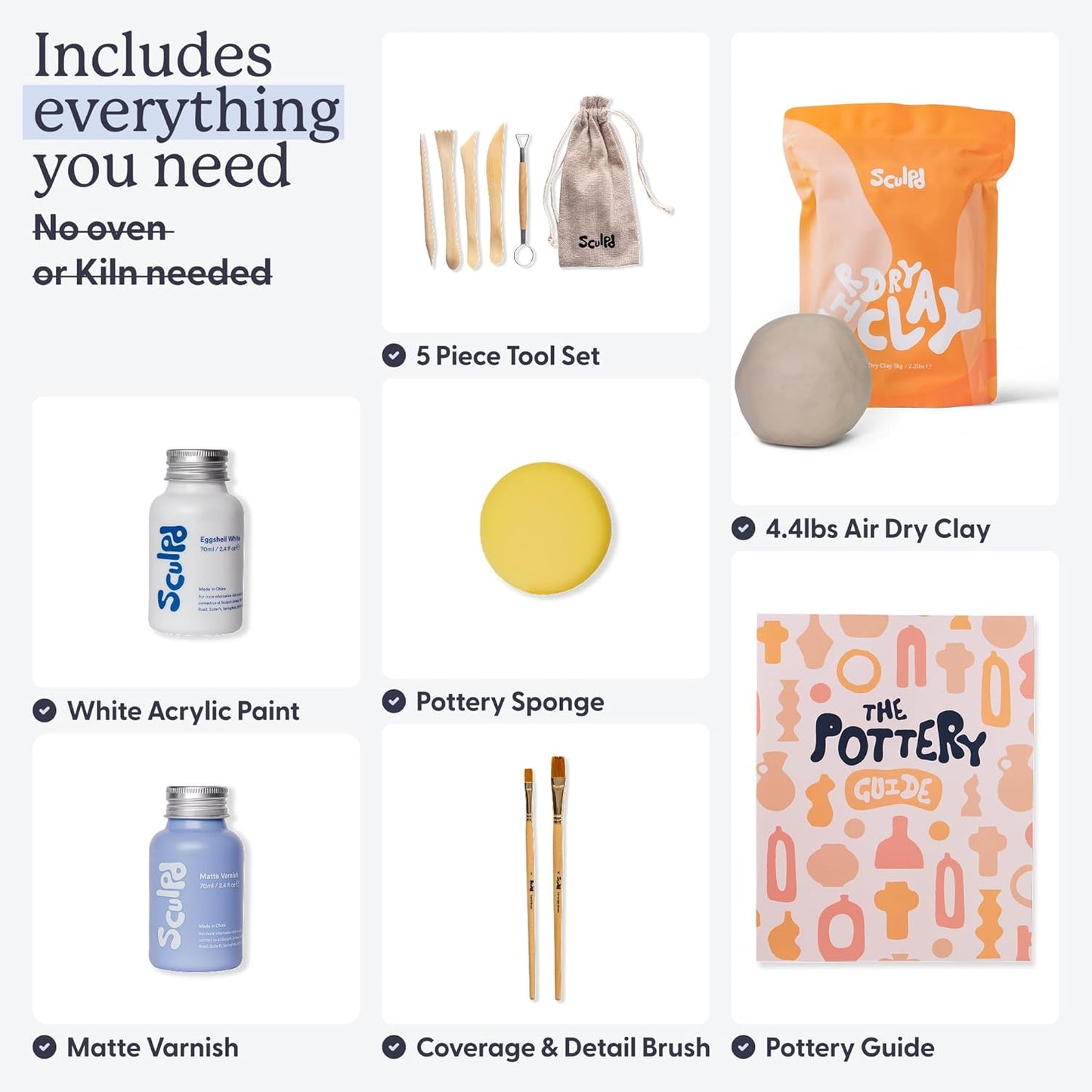 Sculpd - The Original Pottery Kit, Air Dry Clay Starter Kit for Beginners with Matte Varnish, Pottery Kit for Two Includes Paint, Tool Set, Paintbrushes, Sponge& Step-by-Step Guide,Clay Kit for Adults