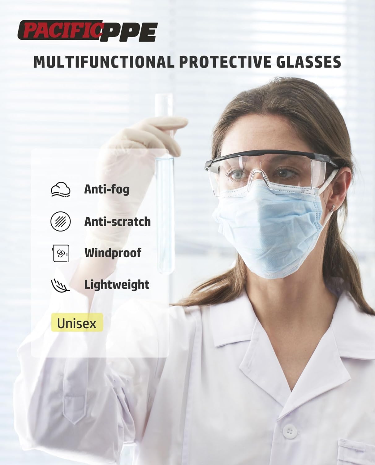 PACIFIC PPE 2 Pack Safety Glasses, Anti-fog, Scratch Resistant Clear Wraparound Lenses and No-Slip Grips, Adjustable, Lab Goggles