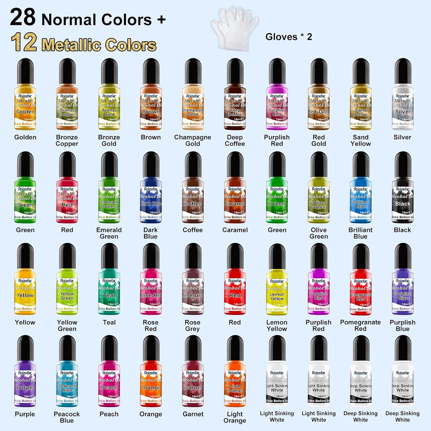 Alcohol Ink Set - 40 Bottles Vivid Colors High Concentration Metallic Alcohol Paint Resin Dye, Safe Fast Drying Effect, Alcohol Ink for Epoxy Resin, Art Painting, Glass, Tumbler Making, 10ml Each