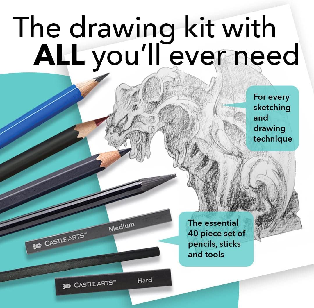 Castle Art Supplies Graphite Drawing Pencils and Sketch Set (40-Piece Kit), Complete Artist Kit Includes Charcoals, Pastels and Zippered Carry Case, Rare Pop-Up Stand