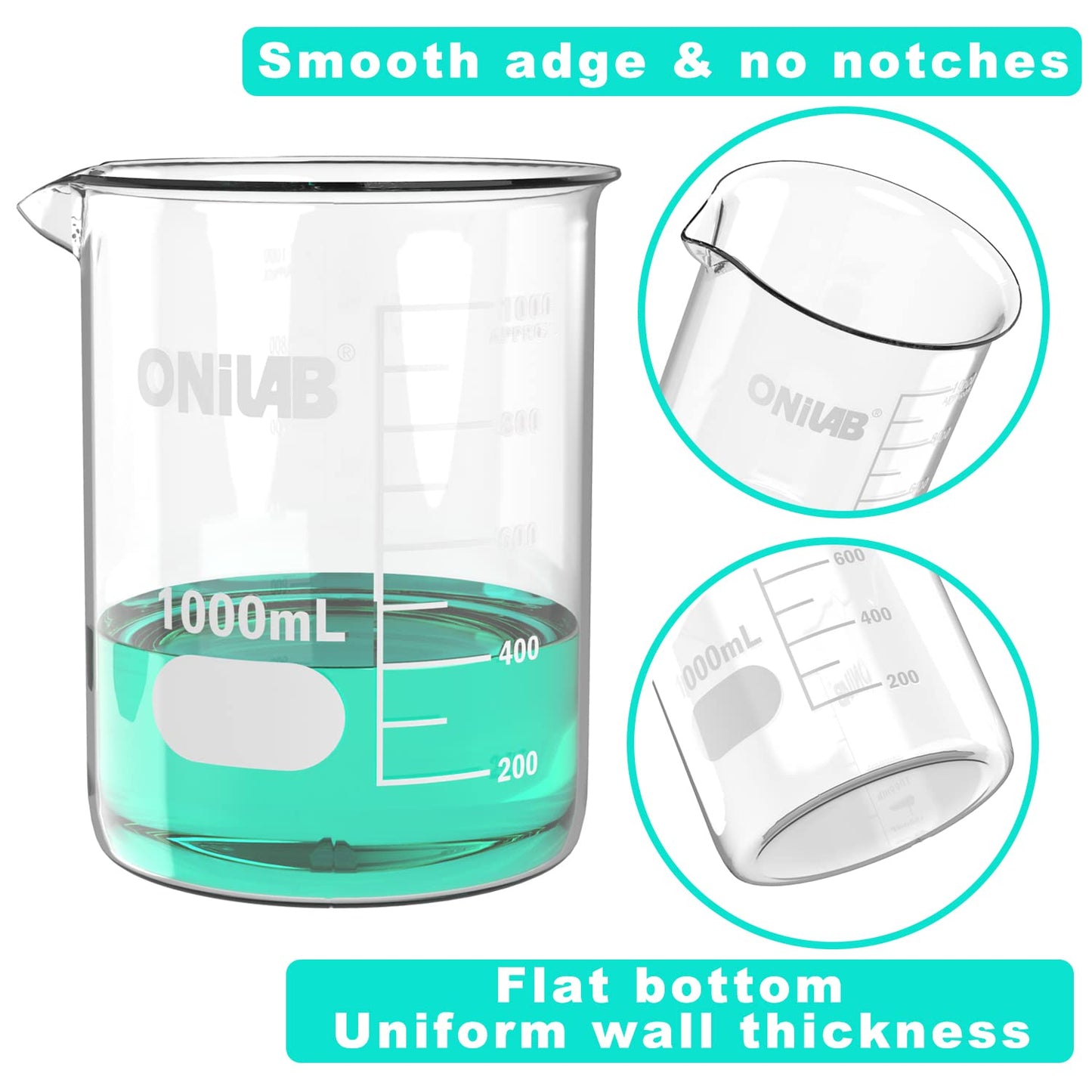 ONiLAB Glass Measuring Beaker Set 50ml 100ml 250ml 500ml 1000ml(Pack of 5) 3.3 Boro Griffin Low Form with Printed Graduation Scientific Glassware for Laboratories, Classrooms or Home Use
