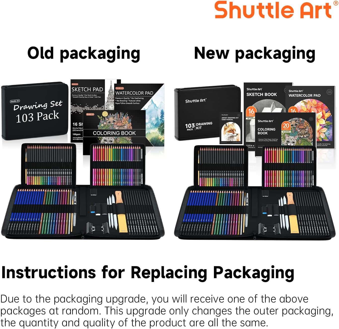 Shuttle Art 103 PCS Drawing Kit, Professional Drawing Supplies with Sketch, Charcoal, Colored, Graphite, Pastel Pencils & Sticks, Complete Drawing Tools and Paper Pads in Zipper Case for Artists&Kids