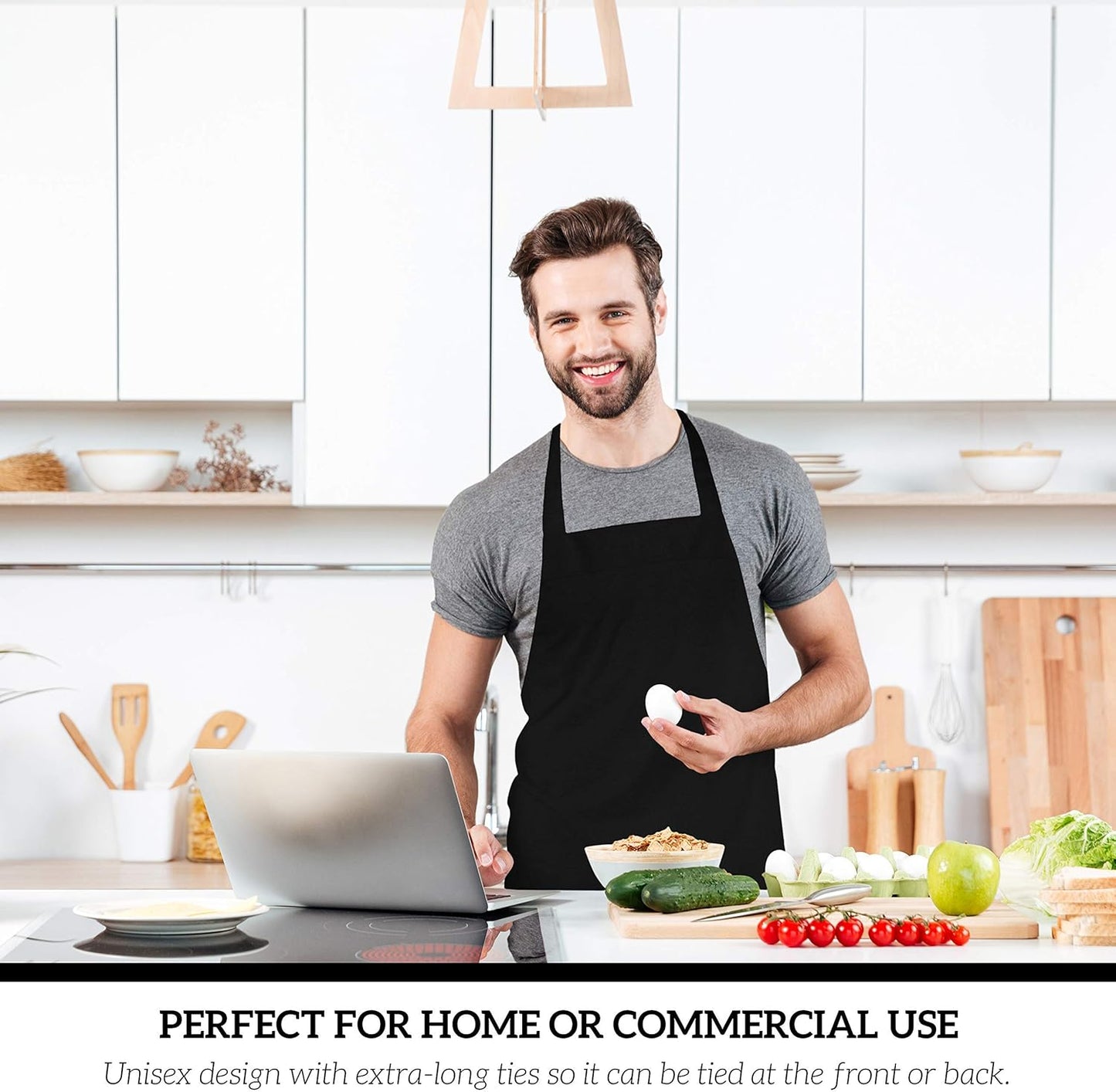 GREEN LIFESTYLE 12 Pack Bib Apron - Unisex Black Aprons, Machine Washable Aprons for Men and Women, Kitchen Cooking BBQ Aprons Bulk (Pack of 12, No Pockets, Black)