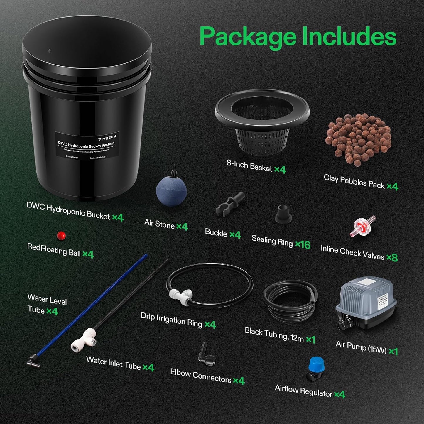 VIVOSUN DWC Hydroponics Grow System with Top Drip Kit, 5-Gallon Deep Water Culture, Recirculating Drip Garden System with Multi-Purpose Air Hose, Air Pump, and Air Stone (4 Buckets + Top Drip Kit)