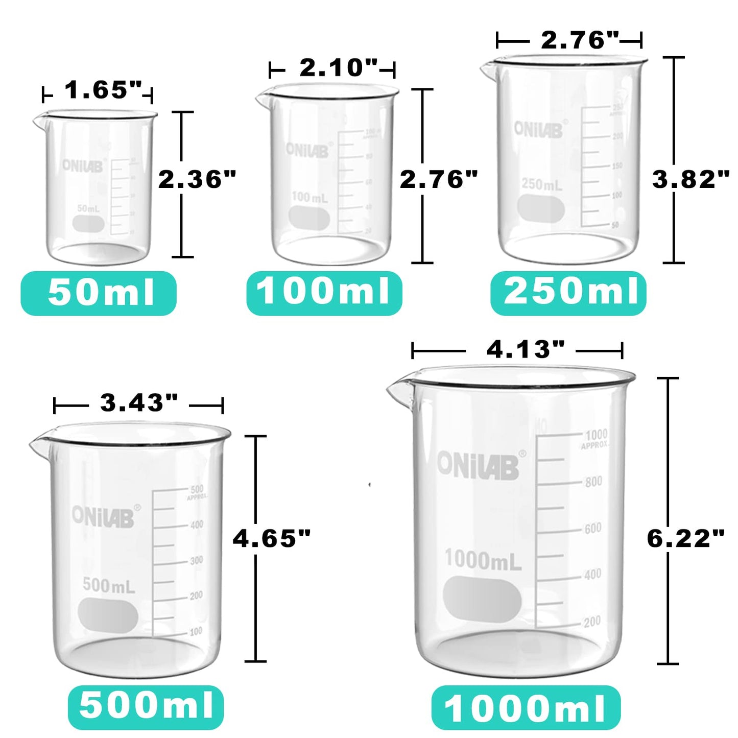 ONiLAB Glass Measuring Beaker Set 50ml 100ml 250ml 500ml 1000ml(Pack of 5) 3.3 Boro Griffin Low Form with Printed Graduation Scientific Glassware for Laboratories, Classrooms or Home Use