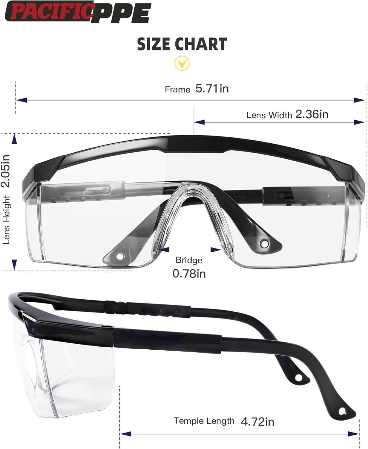 PACIFIC PPE 2 Pack Safety Glasses, Anti-fog, Scratch Resistant Clear Wraparound Lenses and No-Slip Grips, Adjustable, Lab Goggles