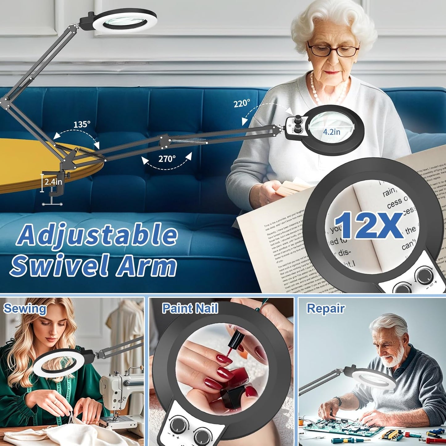 12X Magnifying Glass with Light Hands Free, 2025 New Upgrade Infinite Color and Brightness Magnifying Desk Lamp & Clamp, 2-in-1 LED Lighted Magnifier Stand for Craft Reading Hobby Close Work