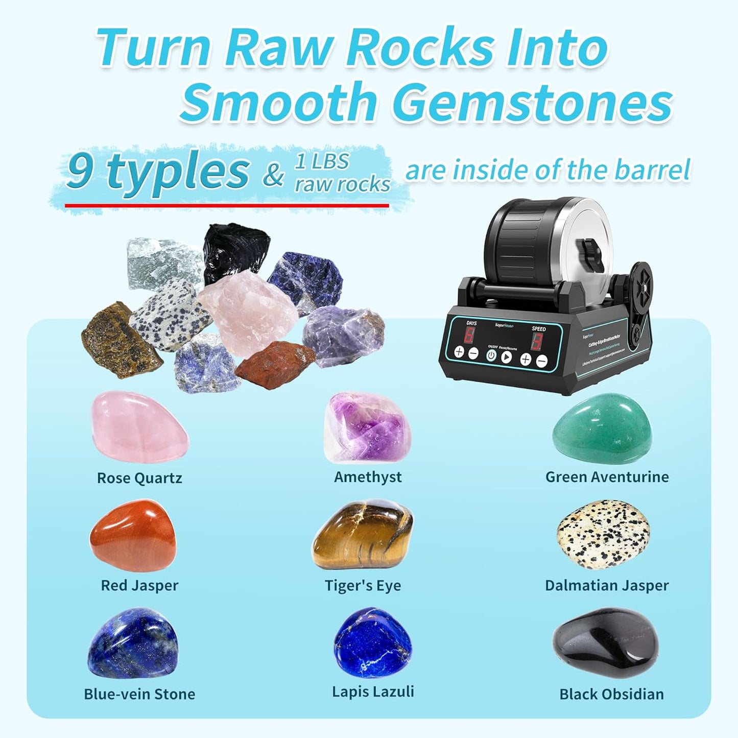 K1 Pro Professional Cutting-Edge Brushless Motor Advanced Rock Tumbler Polisher Kit, Extra Large 2.5Lb Barrel with 3-Speed Motor 9-Day Timer, 6 Belts, Rough Gemstones, 4 Polishing Grits etc. Visit the KomeStone Store