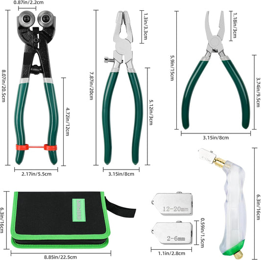 10Pcs Heavy Duty Glass Running Breaking Pliers and Class Cutters Tools Kit, Breaker Grozer Pliers with Curved Jaws,Glass Cutters for Stained Glass, Mosaics, Fusing, Breaking
