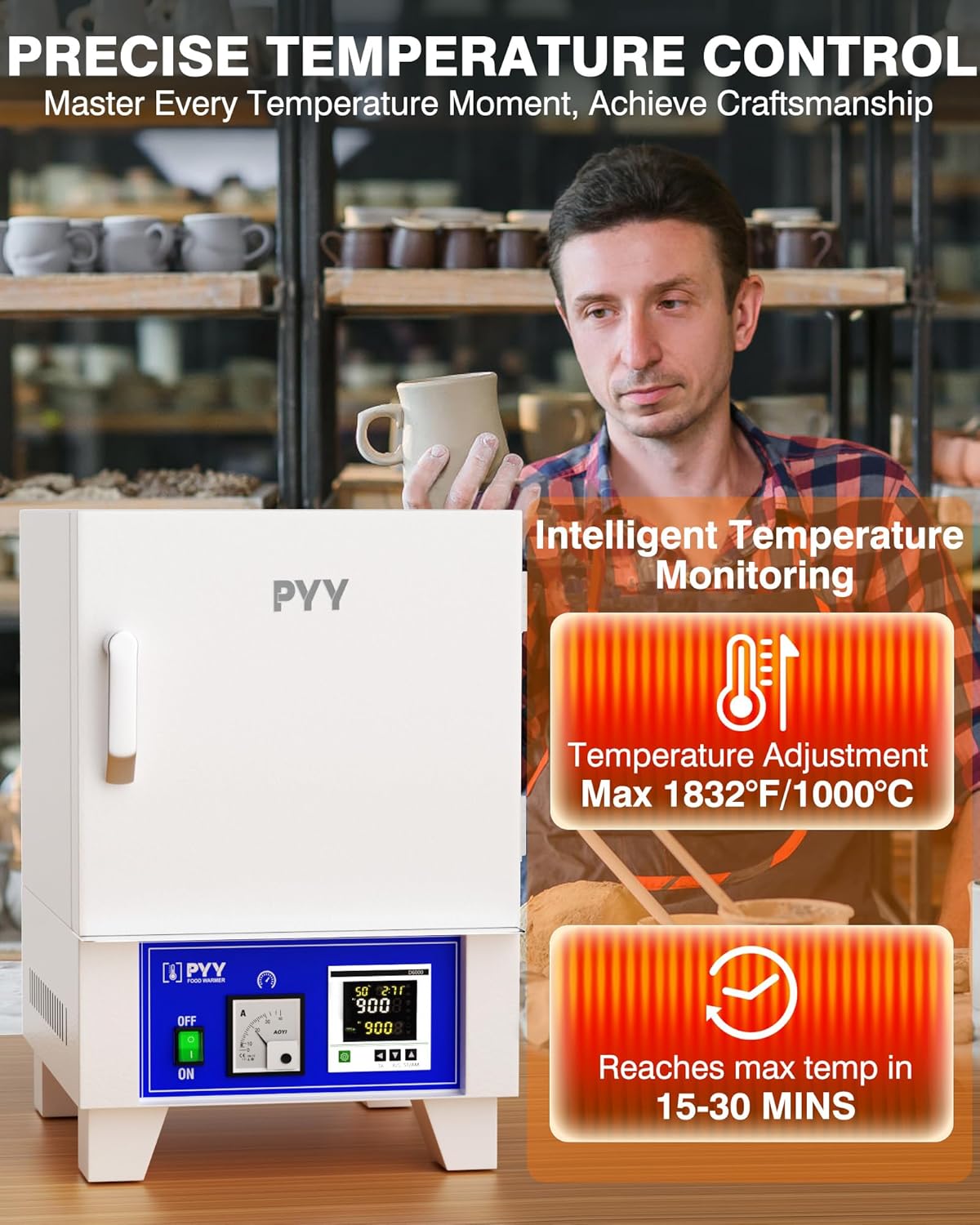 PYY Electric Kiln - Kiln for Pottery & Metalworking – Heats to 1832°F/1000°C in 15 Minutes, Perfect for Ceramics, Metal Tempering, and Glazing