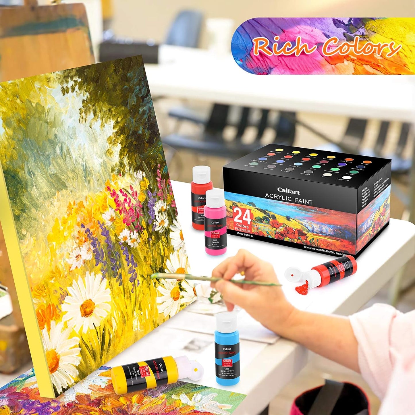 Caliart 24 Colors Acrylic Paint Set with 12 Brushes, Easter Basket Stuffers for Teens, Art Craft Paints Gifts Trendy Stuff for Artists Kids Teen, Canvas Ceramic Rock Eggs Painting Kit Art Supplies