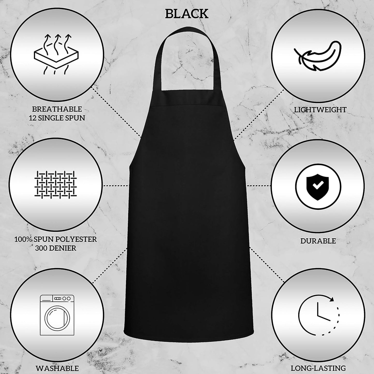 GREEN LIFESTYLE 12 Pack Bib Apron - Unisex Black Aprons, Machine Washable Aprons for Men and Women, Kitchen Cooking BBQ Aprons Bulk (Pack of 12, No Pockets, Black)