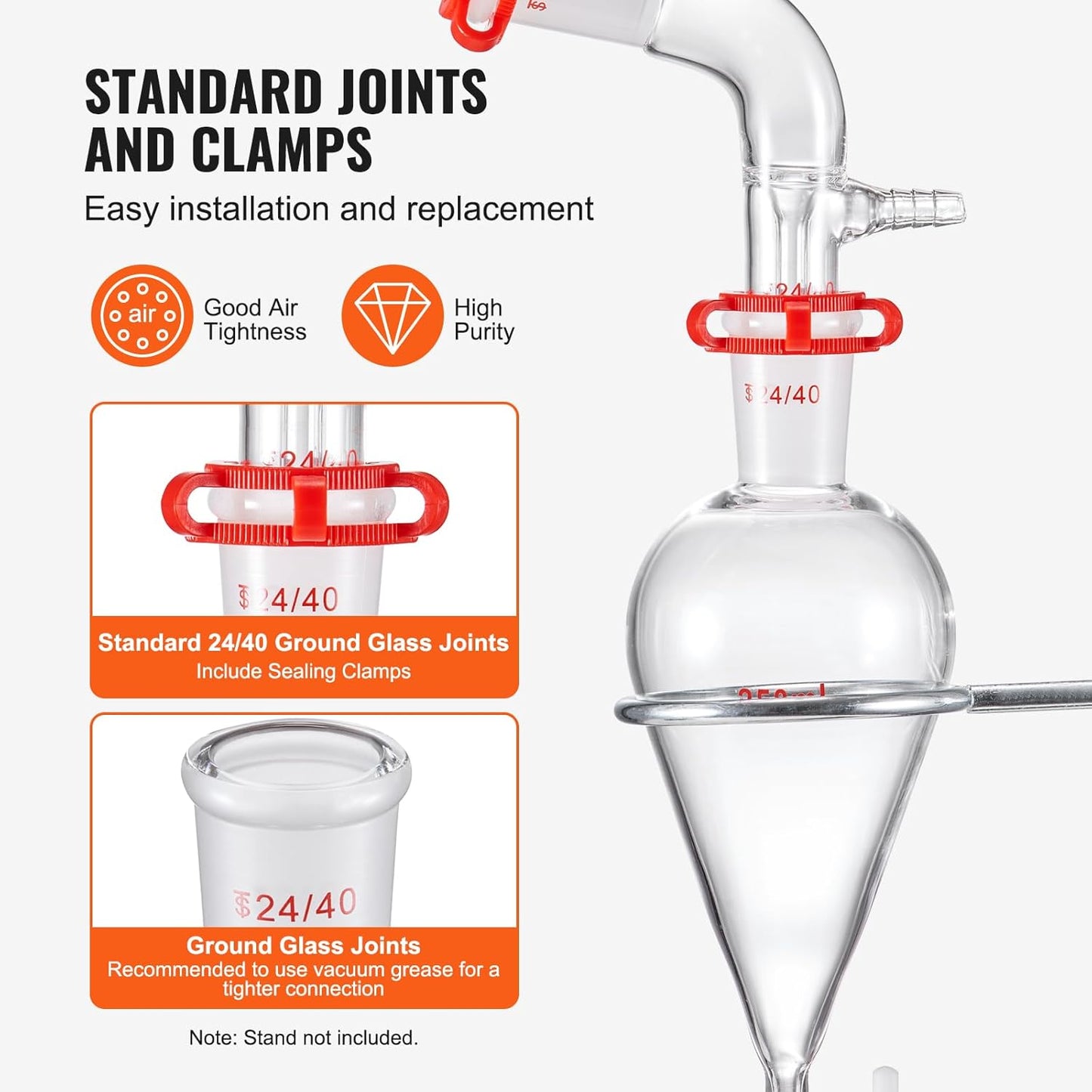VEVOR New Laboratory Glassware 24/40 Chemistry Glassware 29PCS Chemistry Lab Glassware Kit 250 1000ml for Distillations Separation Purification Synthesis(24/40, 29PCS)