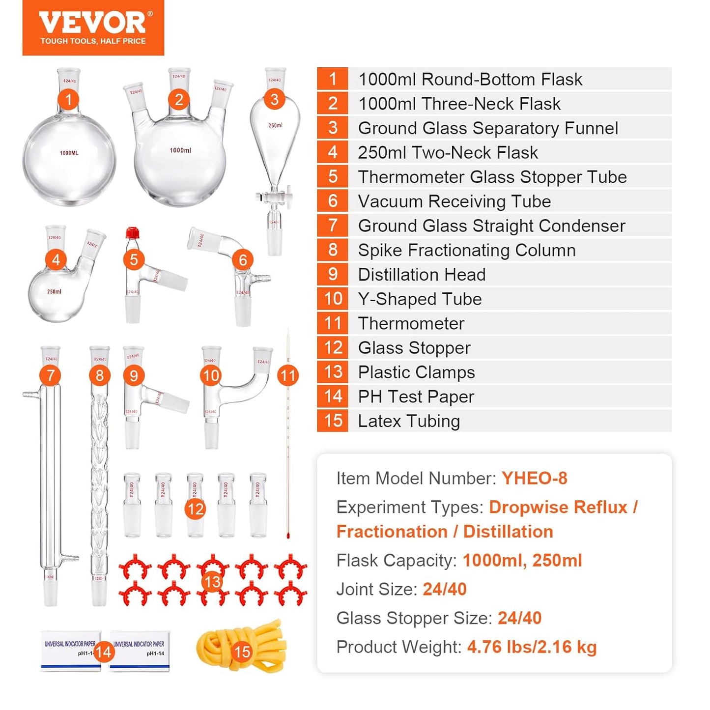 VEVOR New Laboratory Glassware 24/40 Chemistry Glassware 29PCS Chemistry Lab Glassware Kit 250 1000ml for Distillations Separation Purification Synthesis(24/40, 29PCS)