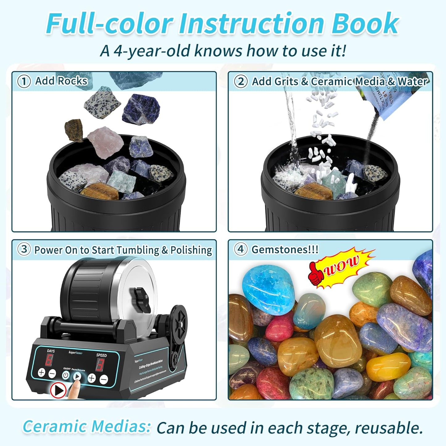 K1 Pro Professional Cutting-Edge Brushless Motor Advanced Rock Tumbler Polisher Kit, Extra Large 2.5Lb Barrel with 3-Speed Motor 9-Day Timer, 6 Belts, Rough Gemstones, 4 Polishing Grits etc. Visit the KomeStone Store