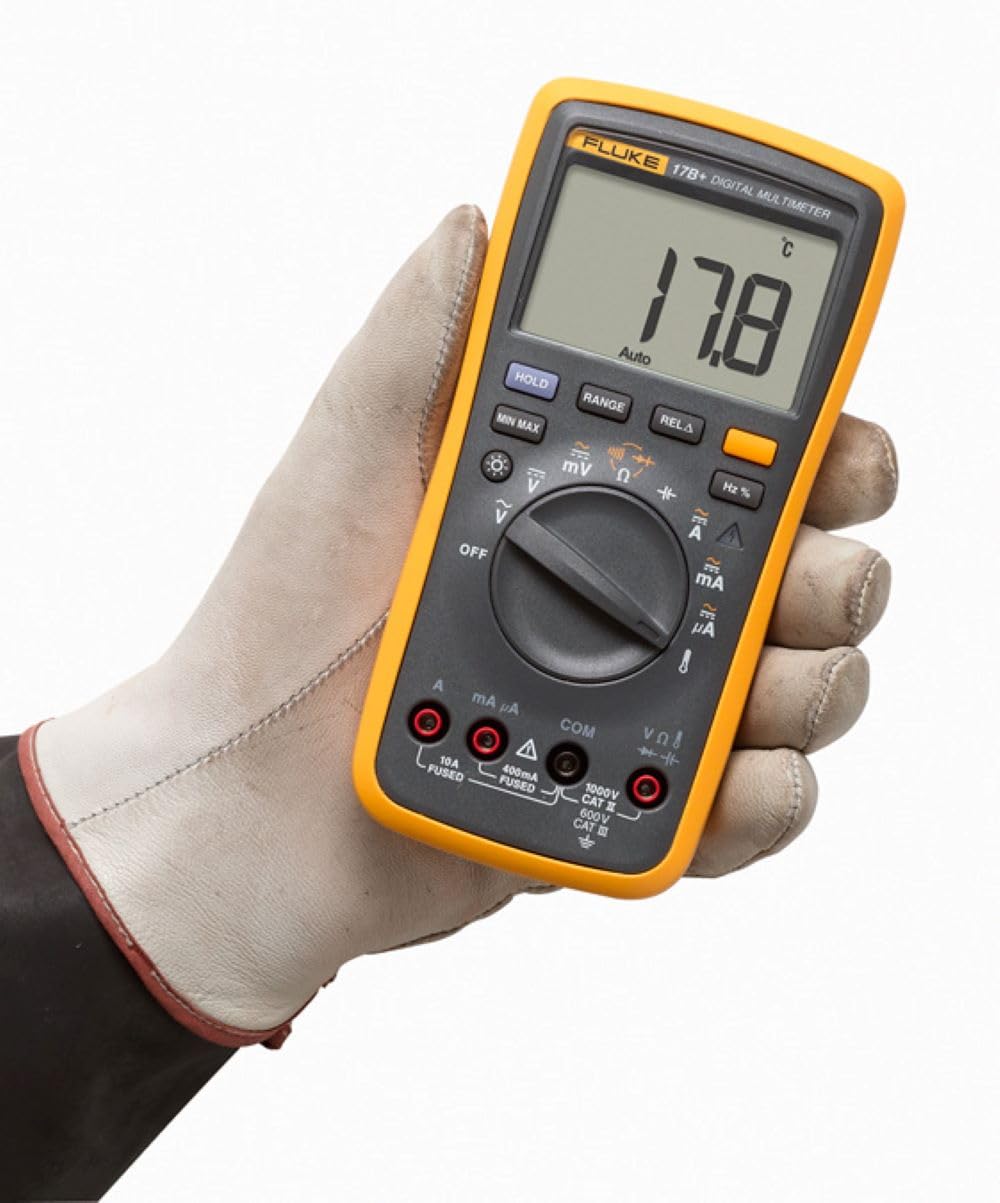 Fluke 17B+ Digital Multimeter, for Electrical Applications, Measures AC/DC Voltage 100V, Current Measurements to 10A, Resistance, Continuity, Diode, Capacitance, Frequency, and Temperature Testing