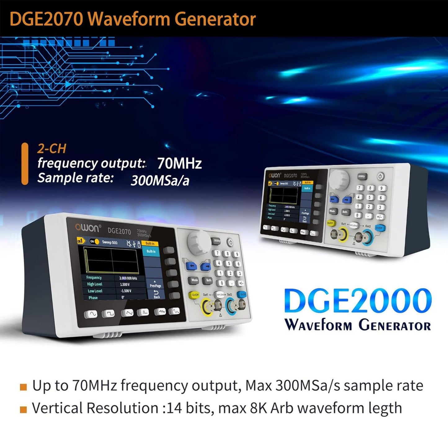 DGE2070 Arbitrary Waveform Generator Dual-Channel 70 MHz Generator 14 Bits Vertical Resolution with 3.6”LCD