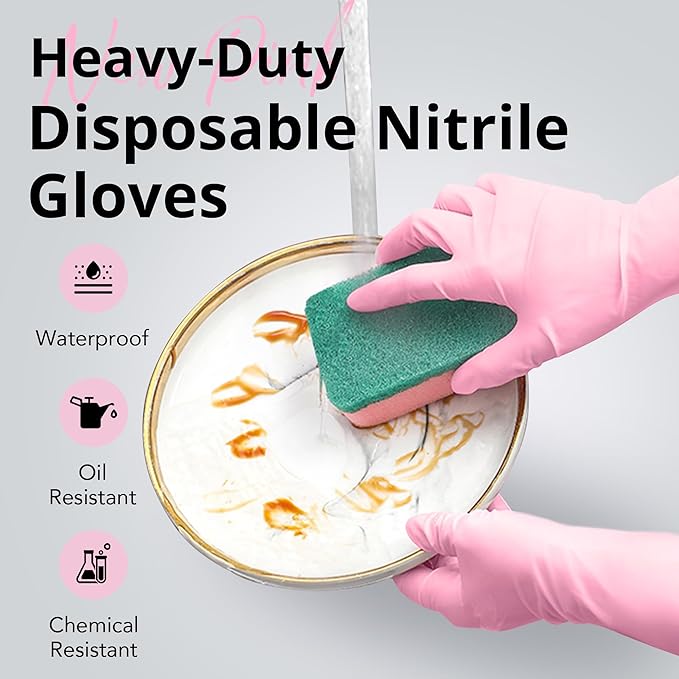 Disposable Nitrile Dishwashing Gloves, Extended 12 Inches Cuff, 6-mil, Cherry Blossom Cleaning Gloves, Latex-Free
