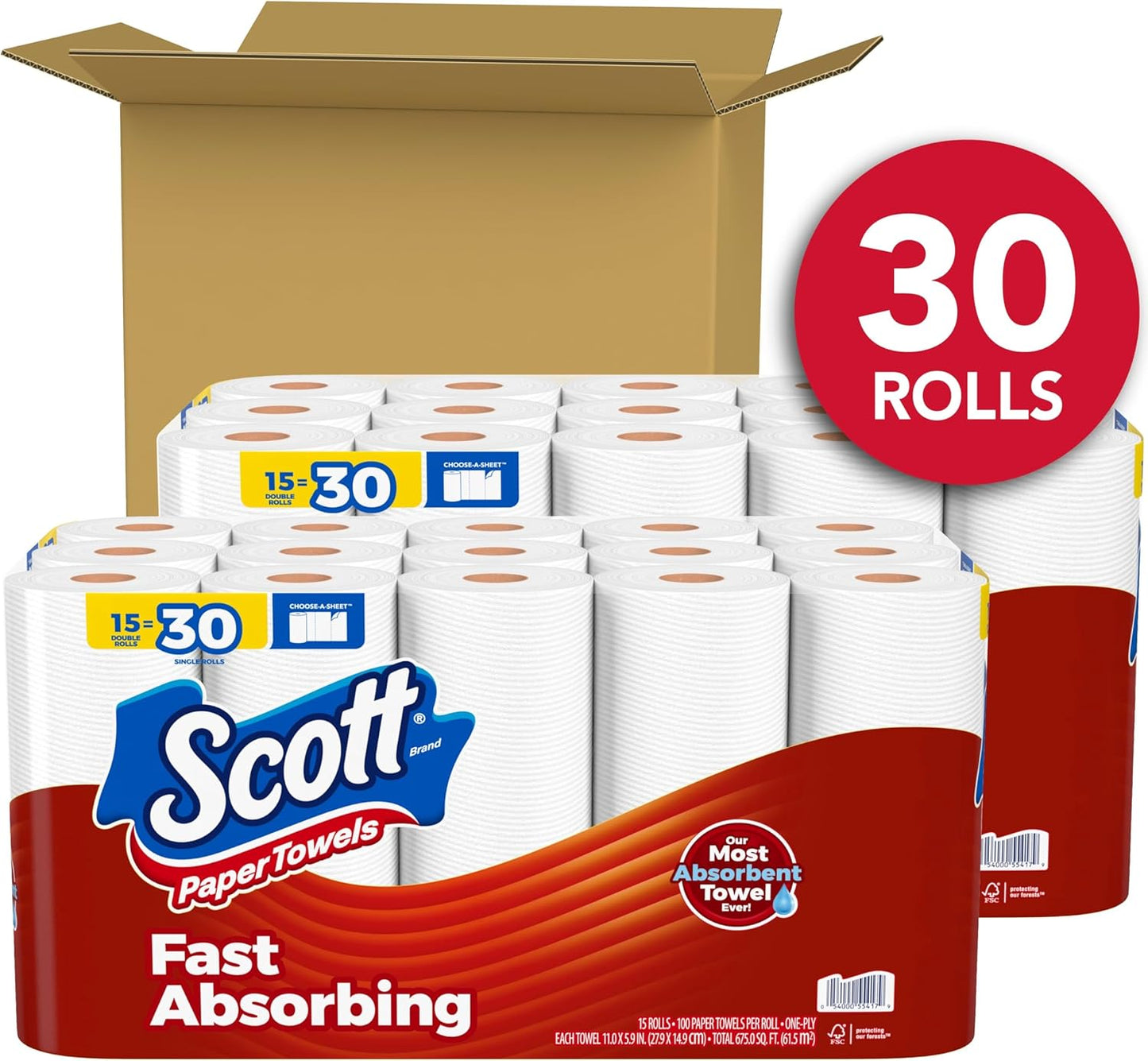 Scott Paper Towels, Choose-A-Sheet, 30 Double Rolls (2 Packs of 15) = 60 Regular Rolls (100 Sheets Per Roll)