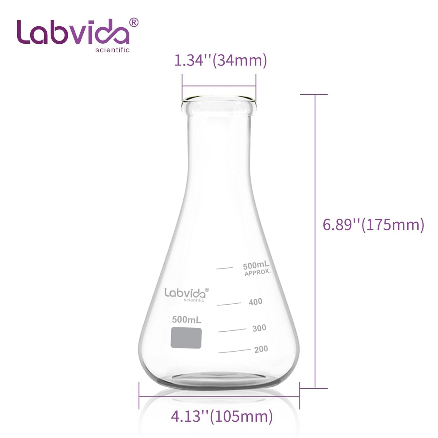 LABVIDA 6pcs of Narrow Mouth Glass Erlenmeyer Flasks, Vol.500ml, 3.3 Borocilicate with Printed Graduation, LVC007