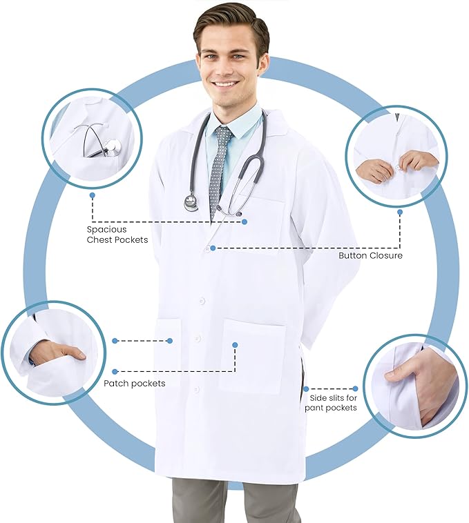 NY Threads Professional Lab Coat for Men Long Sleeve Medical Coat : Size-MEDIUM