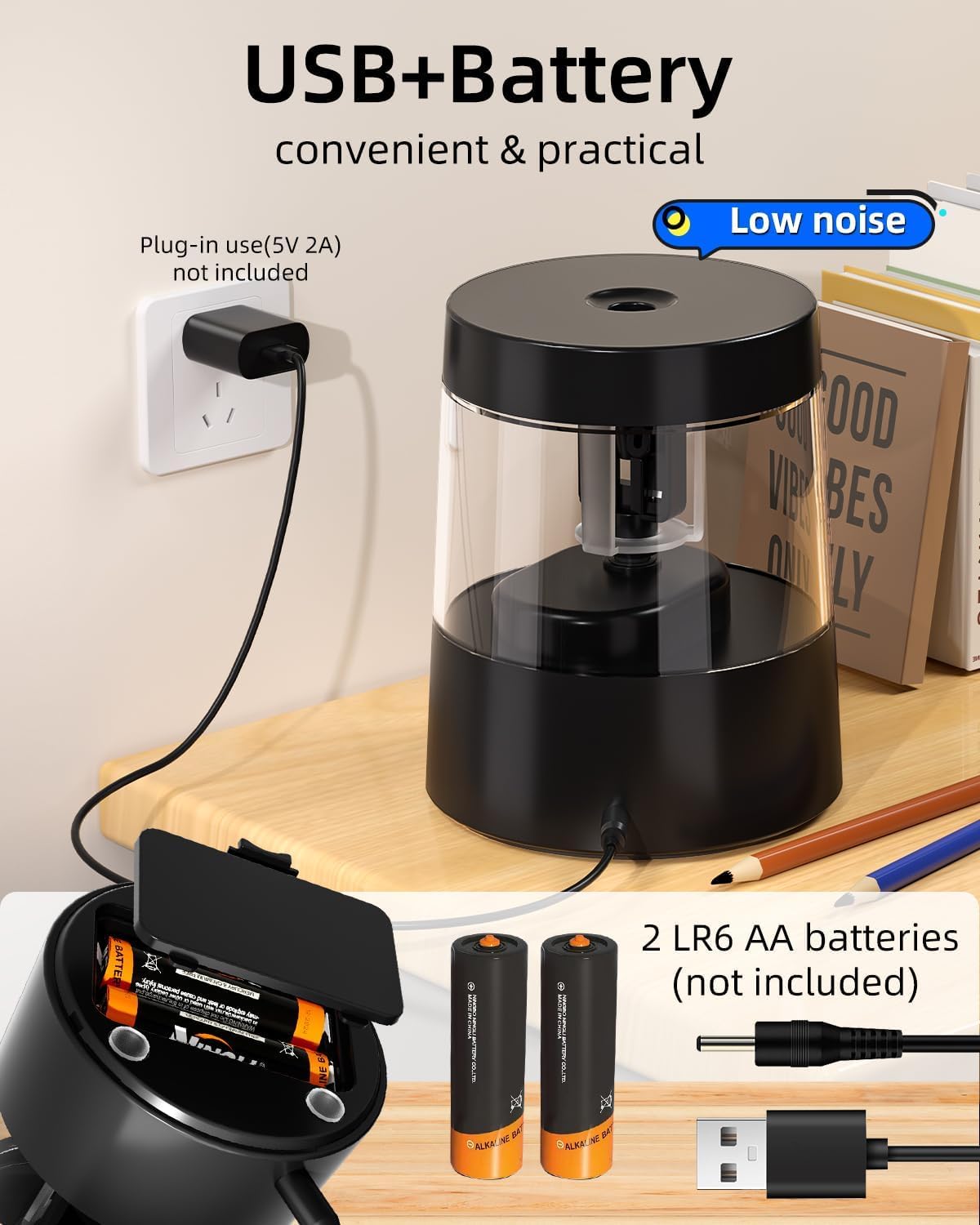 ZMOL Electric Pencil Sharpener for Colored Pencils, Auto Stop,Electric Pencil Sharpener Plug in for 6-8mm No.2/Office/Home/Black