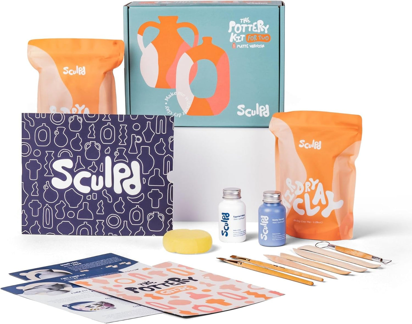 Sculpd - The Original Pottery Kit, Air Dry Clay Starter Kit for Beginners with Matte Varnish, Pottery Kit for Two Includes Paint, Tool Set, Paintbrushes, Sponge& Step-by-Step Guide,Clay Kit for Adults