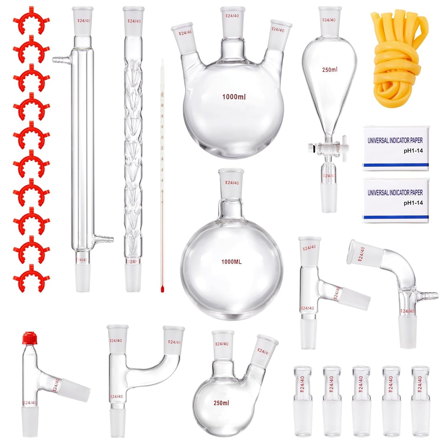 VEVOR New Laboratory Glassware 24/40 Chemistry Glassware 29PCS Chemistry Lab Glassware Kit 250 1000ml for Distillations Separation Purification Synthesis(24/40, 29PCS)