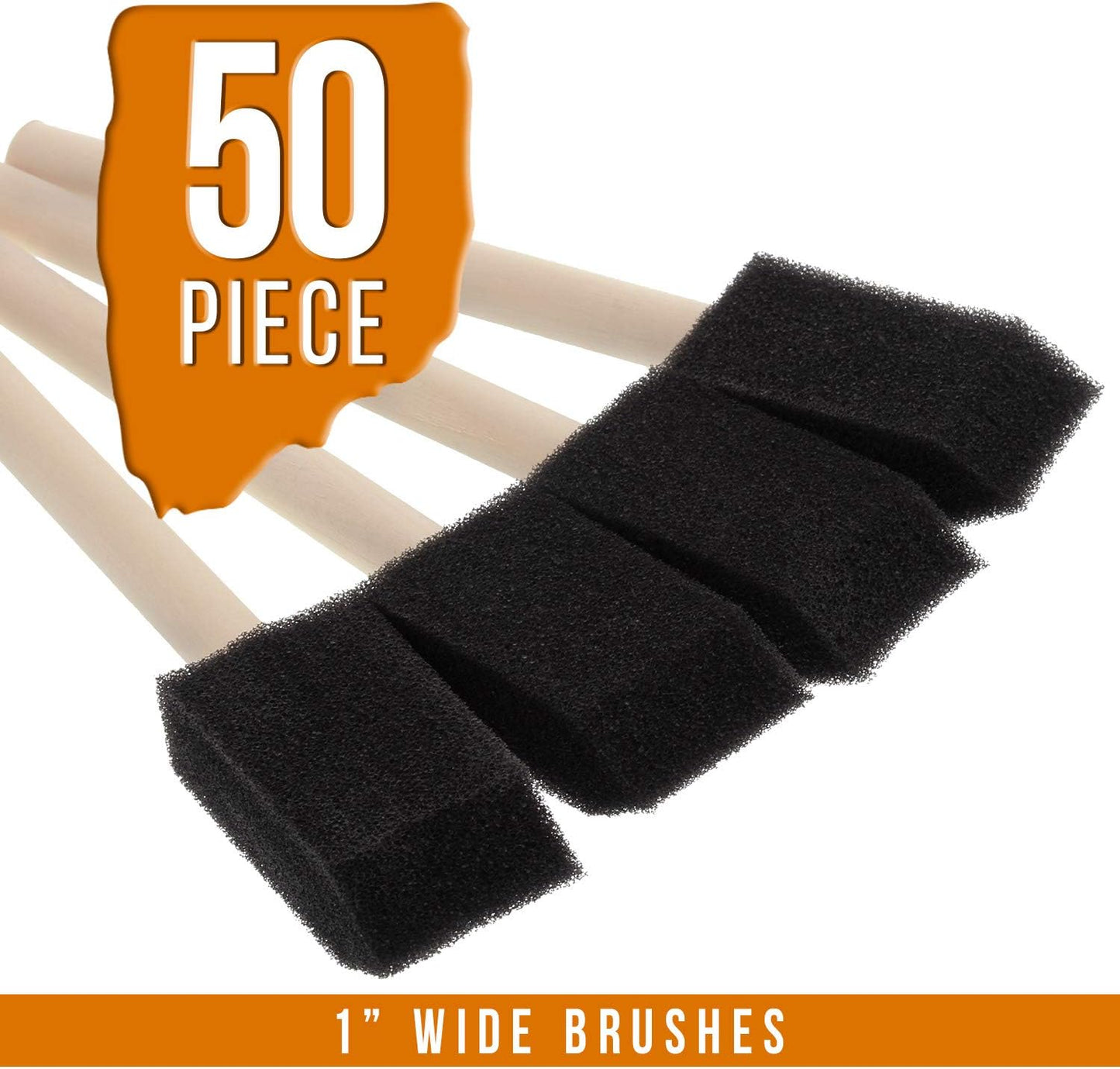 US Art Supply 1 inch Foam Sponge Wood Handle Paint Brush Set (Value Pack of 50) - Lightweight, Durable and Great for Acrylics, Stains, Varnishes, Crafts, Art