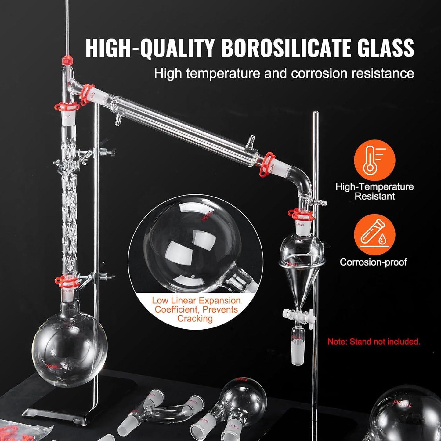VEVOR New Laboratory Glassware 24/40 Chemistry Glassware 29PCS Chemistry Lab Glassware Kit 250 1000ml for Distillations Separation Purification Synthesis(24/40, 29PCS)