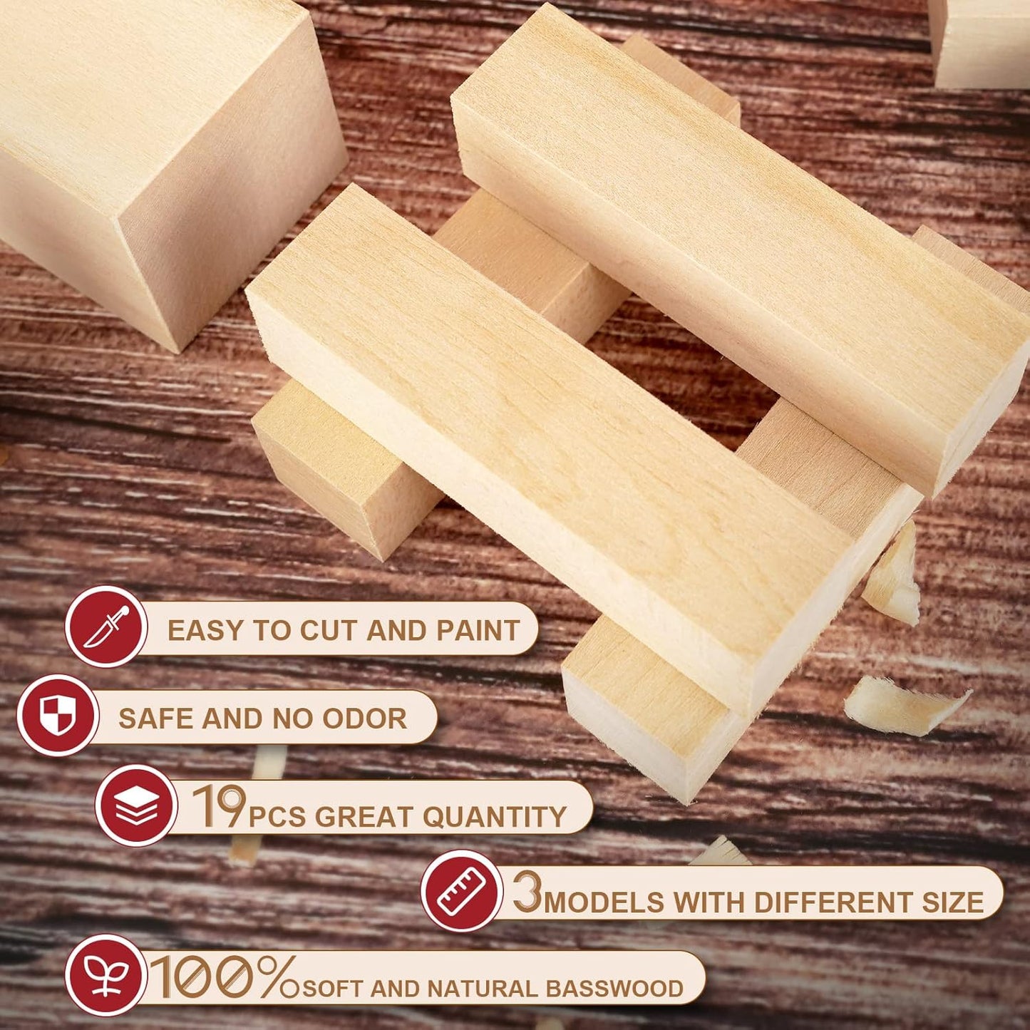 Basswood Carving Blocks, 19PCS Whittling Wood Blocks Kit with 3 Different Sizes, Bass Wood for Carving Easy to Use, for Kids and Adults
