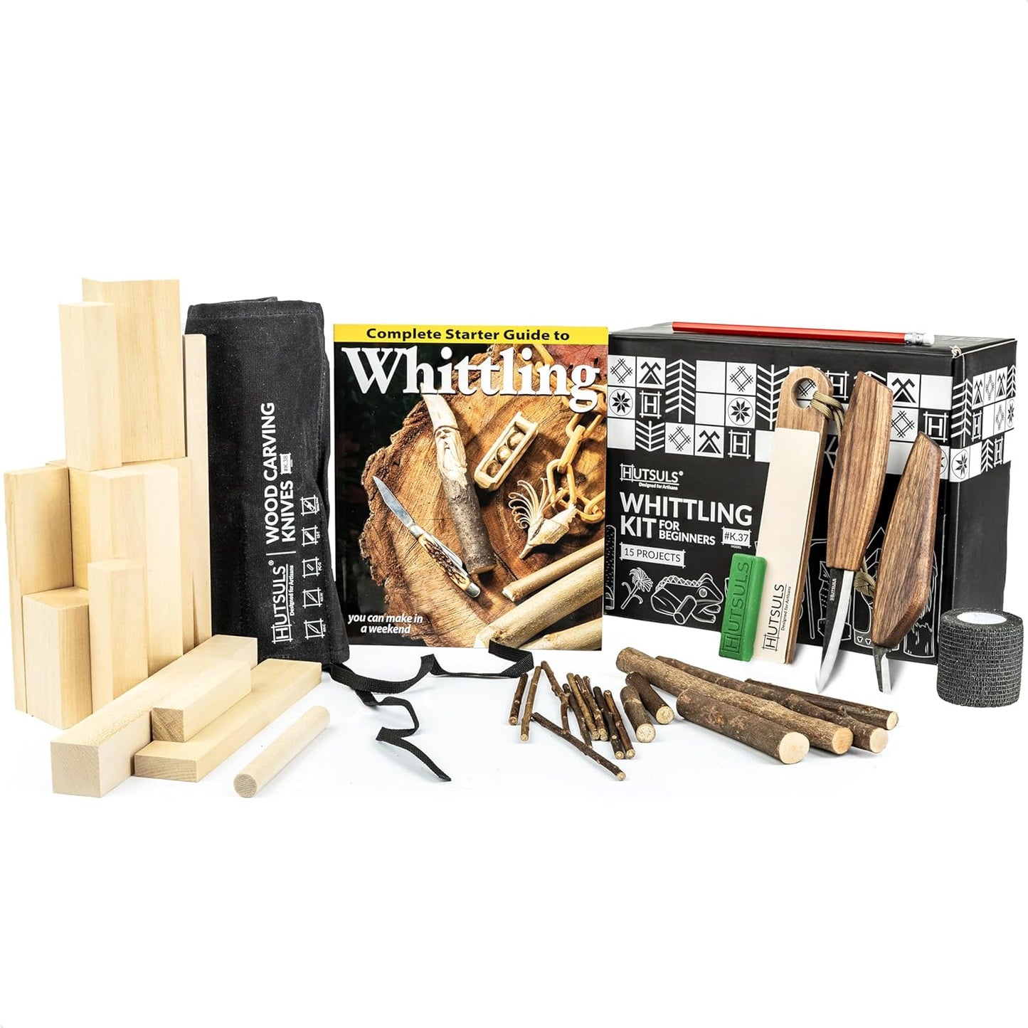 Hutsuls K.37 Wood Carving Kit for Beginners - Pre-Sized Basswood Carving Blocks & Sticks for 15 Projects, All-in-One Wood Whittling Kit for Beginners, Includes Wood Whittling Book for Beginners Kids